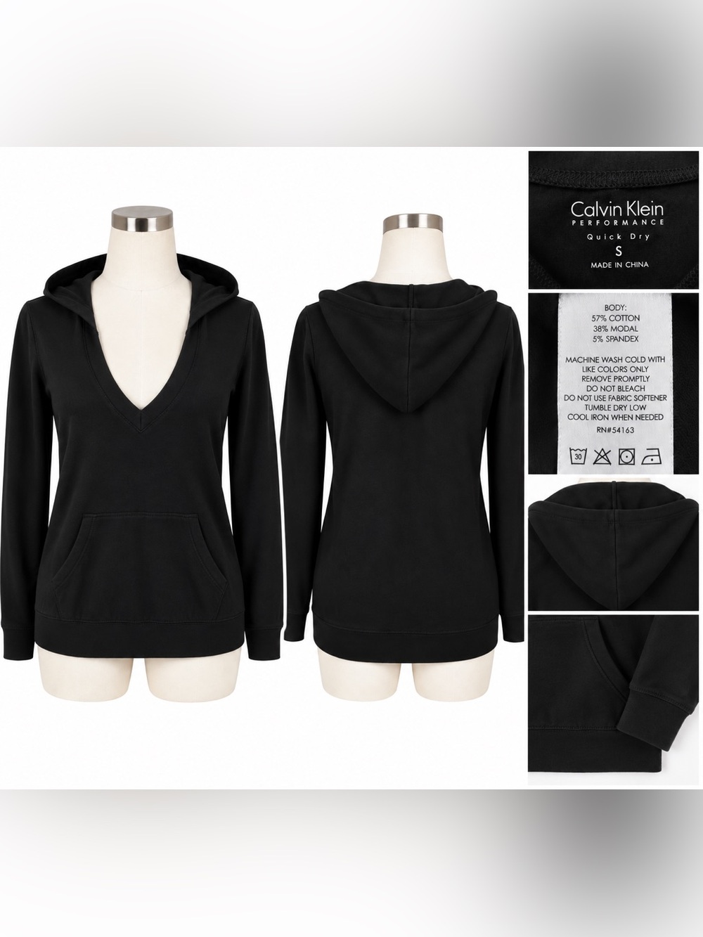 Calvin Klein Performance Black V-Neck Hooded Sweatshirt Quick Dry S
